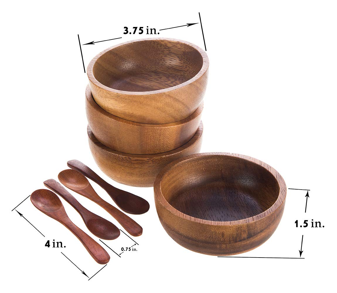 BestySuperStore Small Round Wood Bowls 4 Pcs 3¾" Diameter 1½" High Stackable Acacia Wooden Bowl Set with 4 spoons for serving salad salsa dip sauce snack cereal fruit Decor Tableware Side Dish Sets