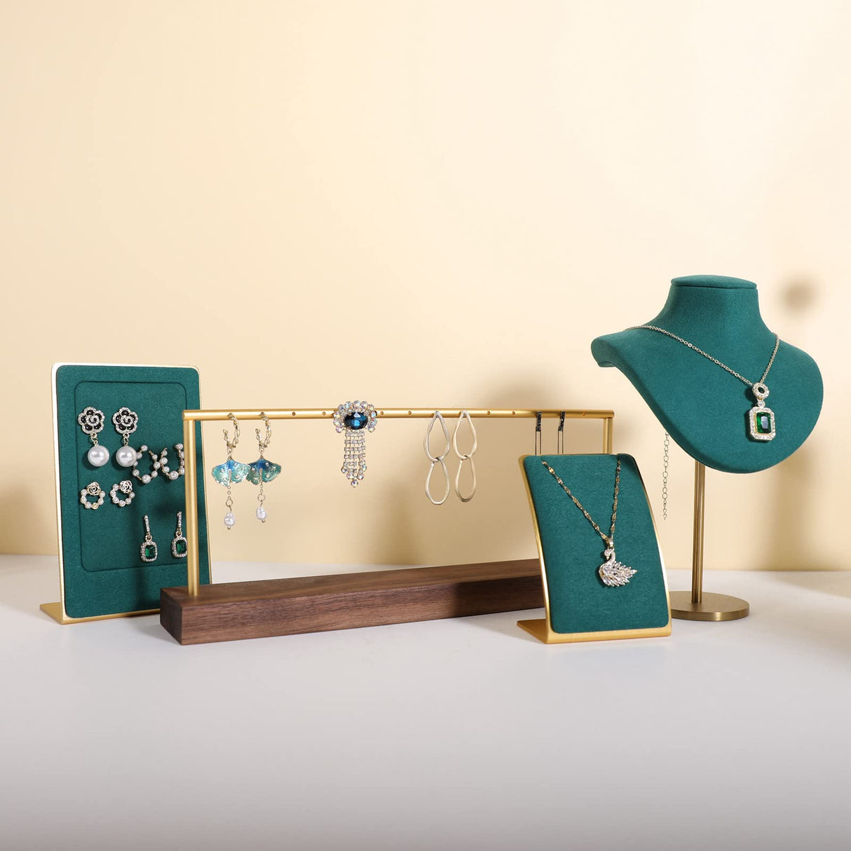 GemeShou wooden earring holder organizer for girls, walnut stud earring display stand for boutique store, jewelry storage organizer shelf【Walnut stand-One Tier】 GemeShou