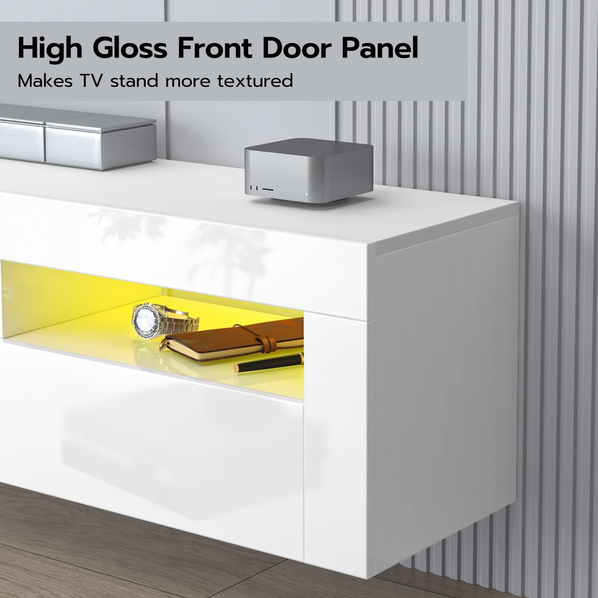 SIKHST Floating LED TV Stand for 85 Inch TV with Glass Shelves and Cabinet, 71 Inch Wall Mounted Modern Entertainment Center Media Console with Storage,White SIKHST