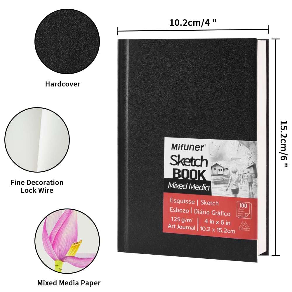 Mixed Media Art Sketchbook, 4 x 6 inches, 100 Sheets/200 Pages 125 GSM Acid-Free Beige Drawing Papers, Small Hardcover Art Journal Sketchbook for All Artists or Beginners.Black Wanshui