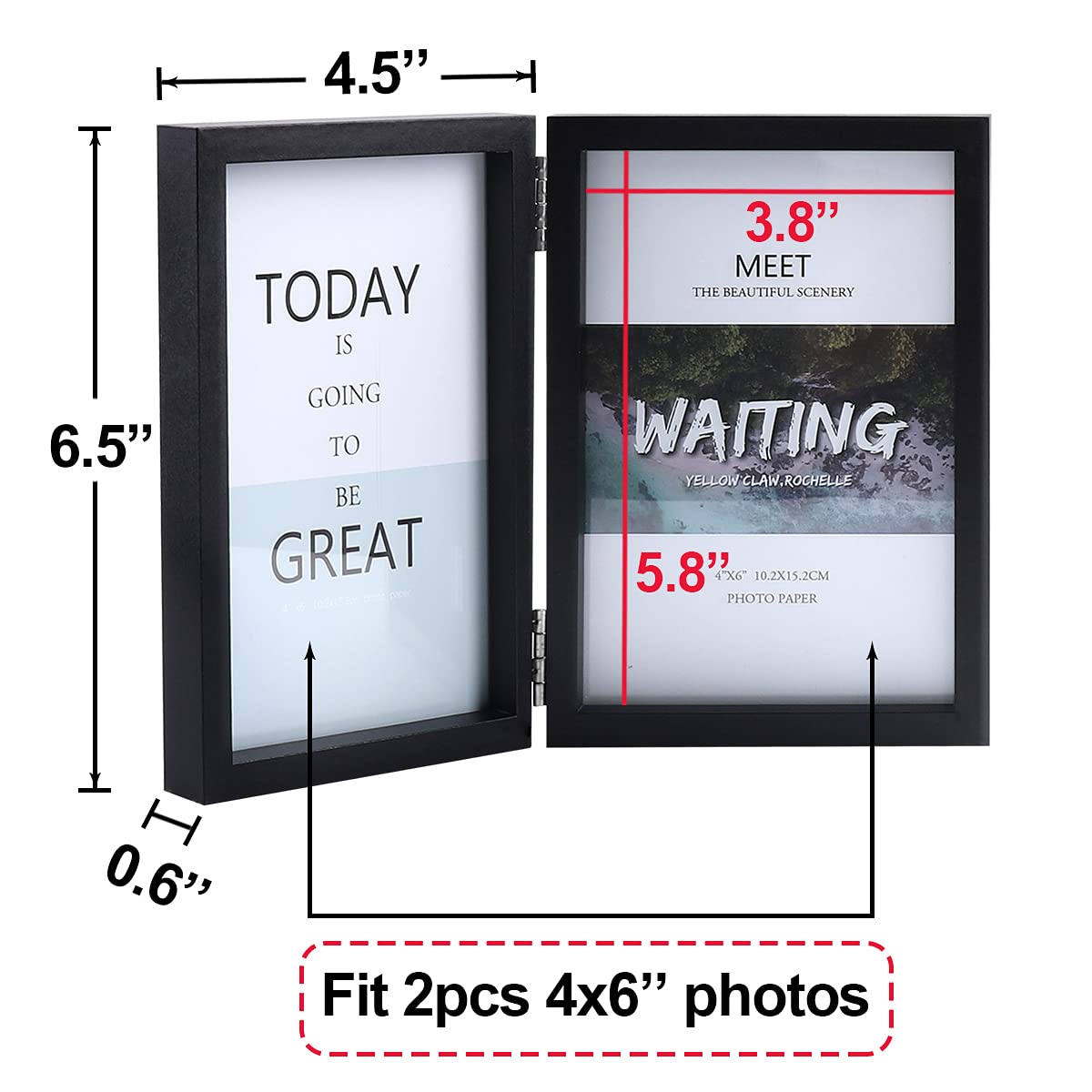 4x6 Double Picture Frame Wooden Hinged Photo Frame Definition Glass Stand Vertically on Desktop or Tabletop Black FOREV