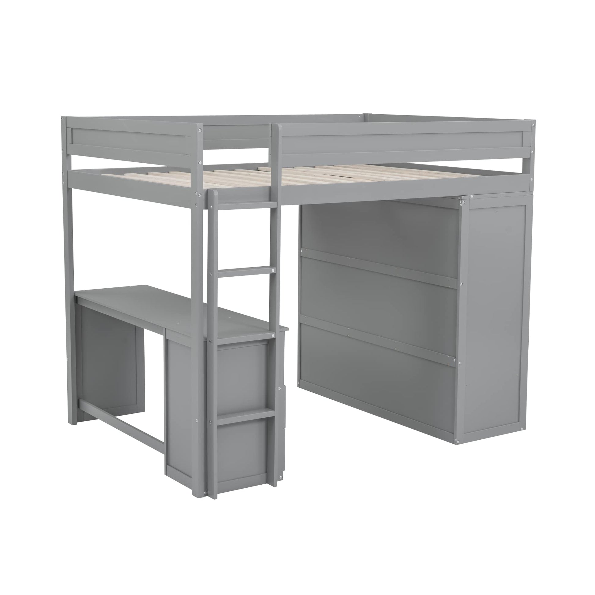 Harper & Bright Designs Gray Full Size Loft Bed with Integrated Desk and Wardrobes - WoodArtSupply