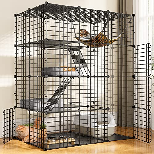 YITAHOME Large Cat Cage Indoor Enclosure Metal Wire 4-Tier Kennels DIY Cat Playpen Catio with Large Hammock for 1-3 Cats