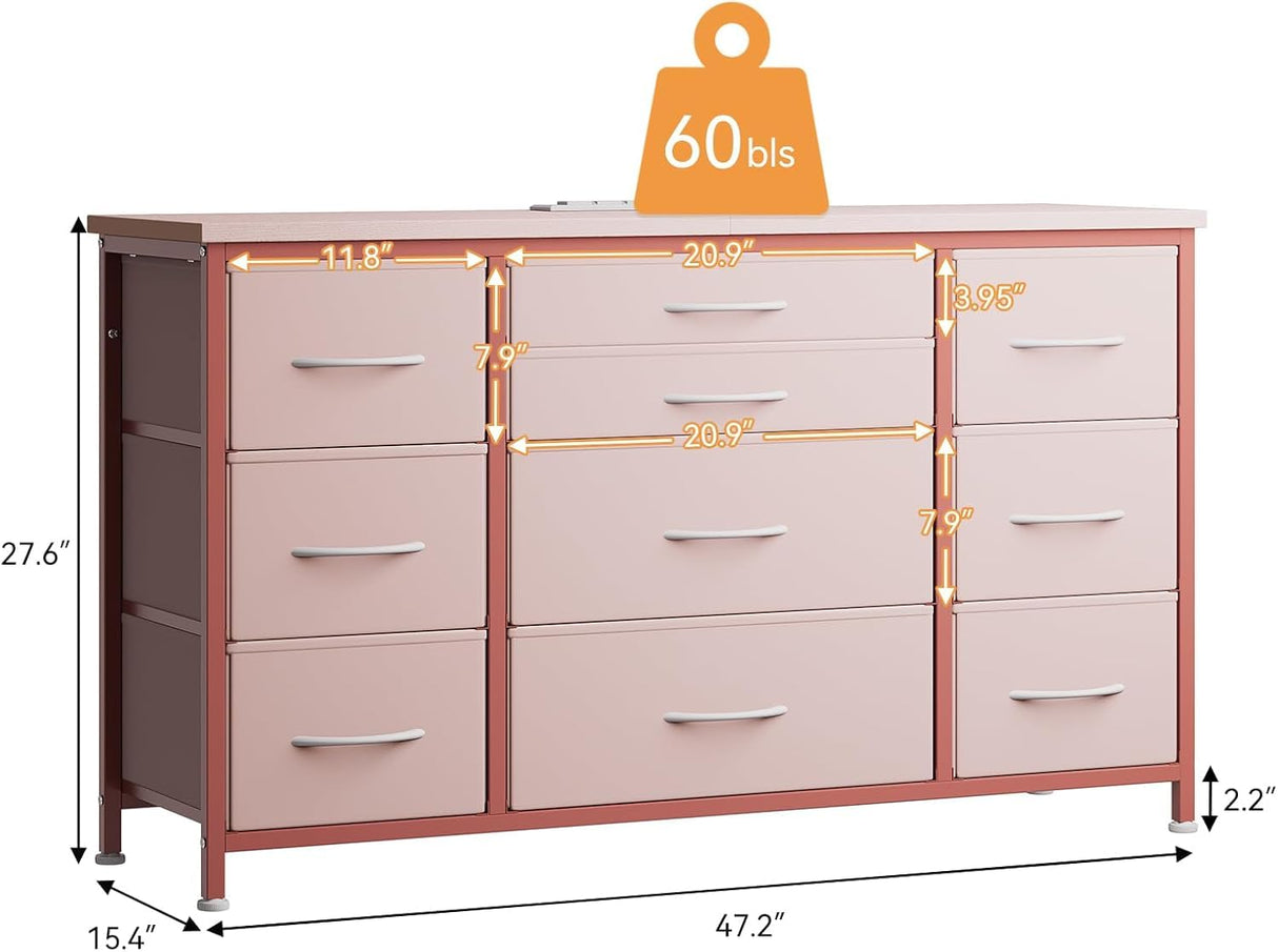 TrailBlaze Multifunctional Drawer Tower with Power Outlet, 55'' TV Stand with 10 Drawers, Fabric Chest of Drawers with Storage Drawers, Waterproof Wood Top, Anti-Tip Safety, Easy Assembly (Pink) TrailBlaze