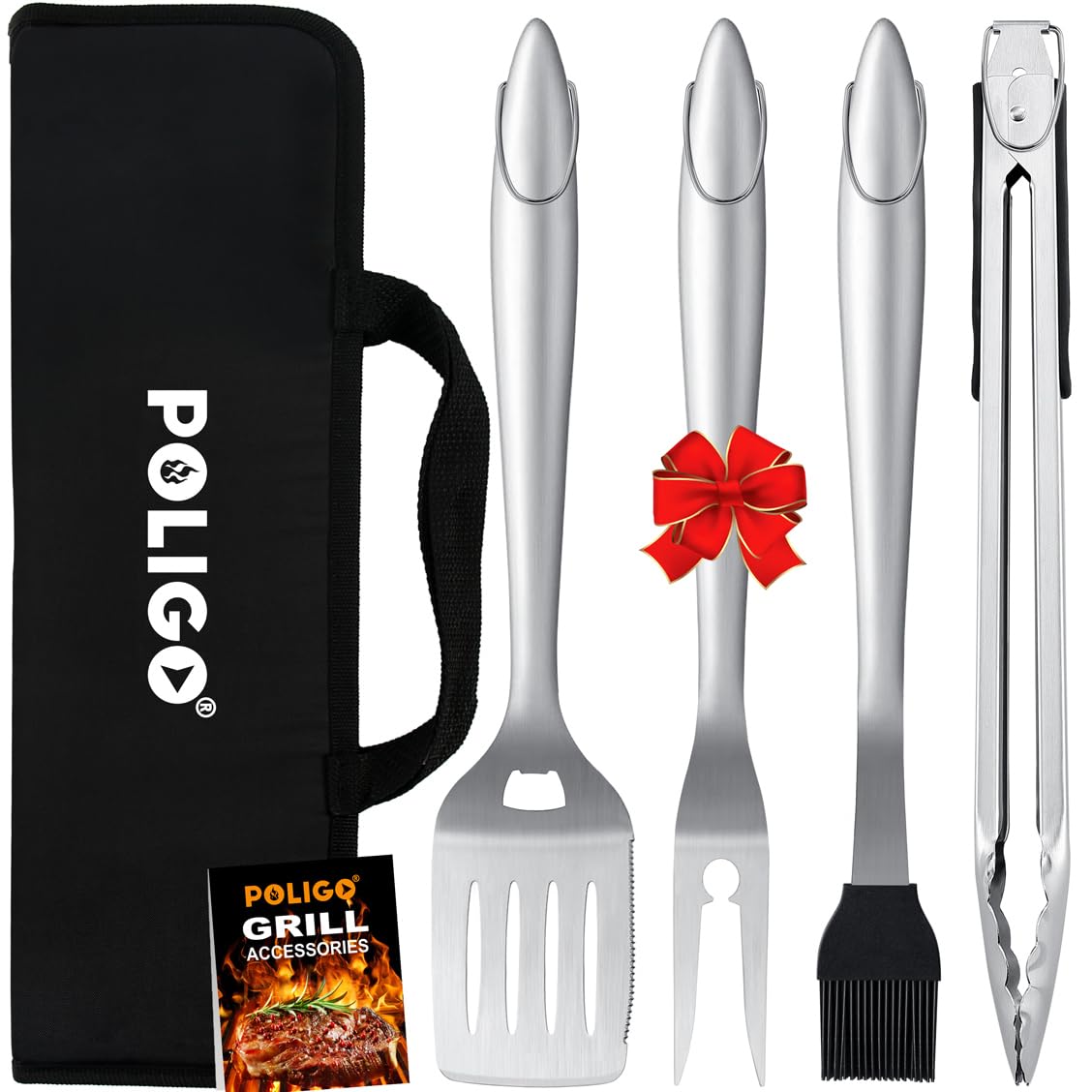 POLIGO 5PCS BBQ Grill Accessories for Outdoor Grill Set Stainless Steel Camping BBQ Tools Grilling Tools Set for Christmas Dads Birthday Presents, Grill Utensils Set Ideal Grilling Gifts for Men Dad