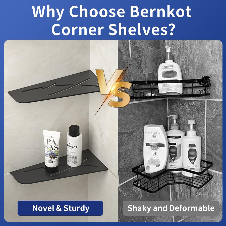 Bernkot Corner Shower Shelf 12" Matte Black 304 Stainless Steel Quadrilateral Corner Shelf Recessed Bathroom Storage Shampoo Holder Organizer Kitchen Shelf Rack, No Drilling Bernkot