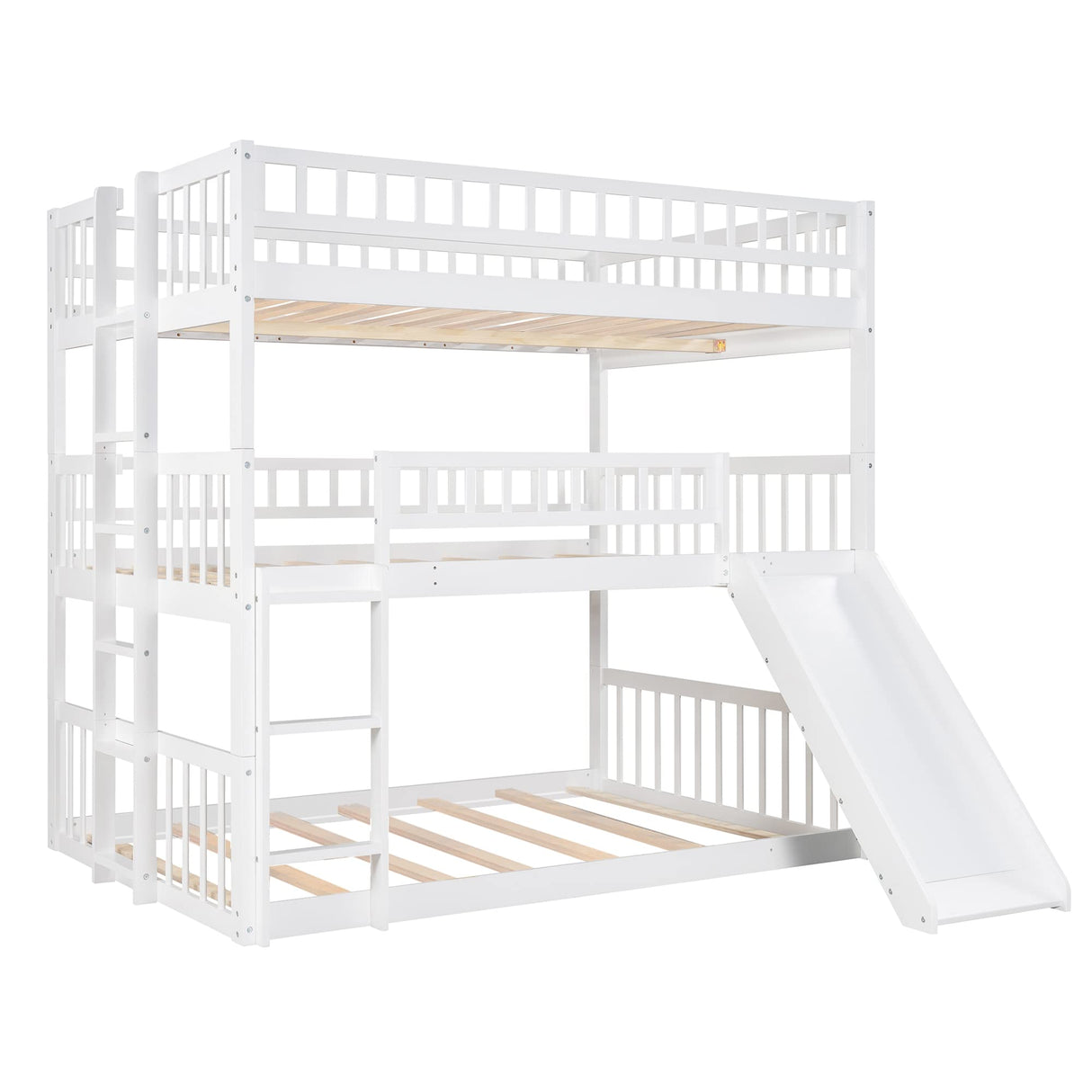 Aiuyesuo Triple Bunk Bed Full-Over-Full-Over-Full Size with Convertible Ladder and Slide for Kids Teens, Solid Wood Triple Bunk Bed with Guardrails for 3, Maximized Space (White-4) Aiuyesuo