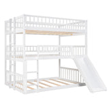 Aiuyesuo Triple Bunk Bed Full-Over-Full-Over-Full Size with Convertible Ladder and Slide for Kids Teens, Solid Wood Triple Bunk Bed with Guardrails for 3, Maximized Space (White-4) Aiuyesuo