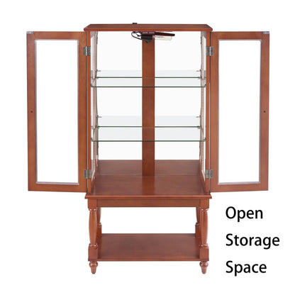 48"H Curio Cabinet Lighted Curio Diapaly Cabinet with Open Storage Space,Solid Wood Legs and adjustable Shelves,Acrylic Mirrored Back Panel,Tempered Glass Doors,3 Tier and one open space,Walnut