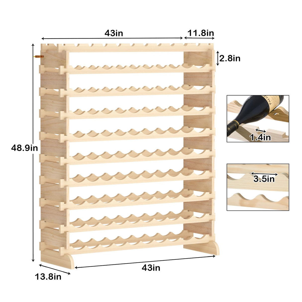 sogesfurniture Floor Wine Racks, Stackable Modular Wine Rack Large Wine Storage Rack Free Standing Solid Natural Wood Wine Holder Display Shelves, (Natural, 10 X 10 Rows (100 Slots)), BHUS-BY-WS100 sogesfurniture