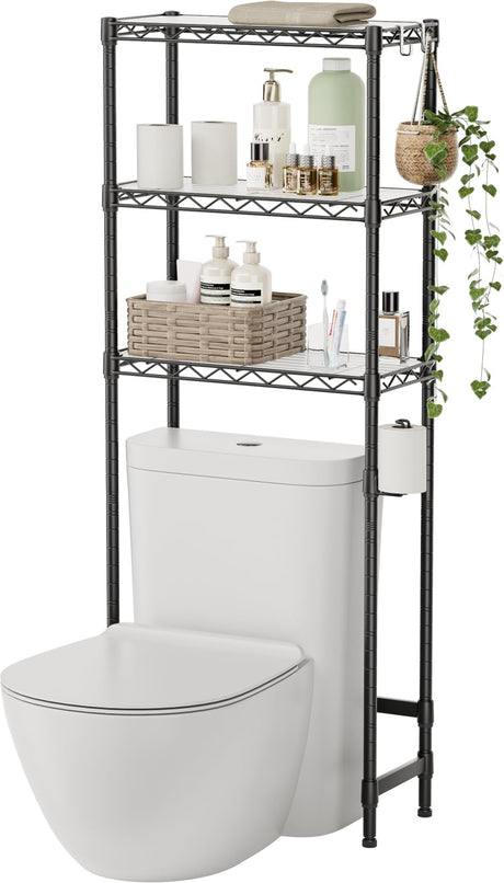 SINGAYE Over-The-Toilet Storage Rack 3-Tier Bathroom Organizer and Storage Shelf Over Toilet with Adjustable Shelf and Basket Freestanding Space Saver Bathroom Shelves Above Toilet for Room Black SINGAYE