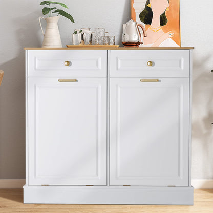 ONG Double Kitchen Trash Cabinets Tilt Out Trash Cabinets with Two Hideaway Trash Holder, Free Standing Kitchen Wooden Trash Can Recycling Cabinet with Two Solid Wood Drawers (White) - WoodArtSupply