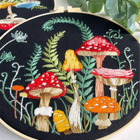 Myfelicity Embroidery Kit with Mushroom Patterns, 3 Hoops, Fabric, Threads, Needles, Instructions (red) Myfelicity