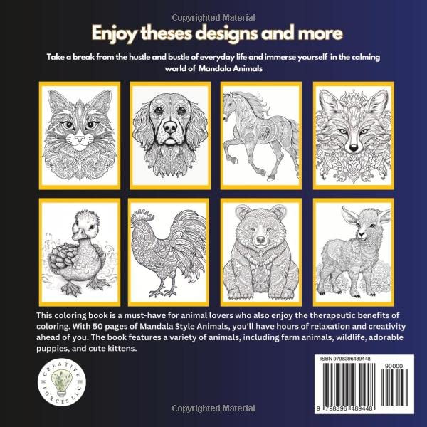 Mandala Animals Mindful Coloring Book for Adults & Teens: 50 Animal Designs for Mindfulness and Stress-Relief with Farm Animals, Wildlife, Puppies and Kittens WoodArtSupply