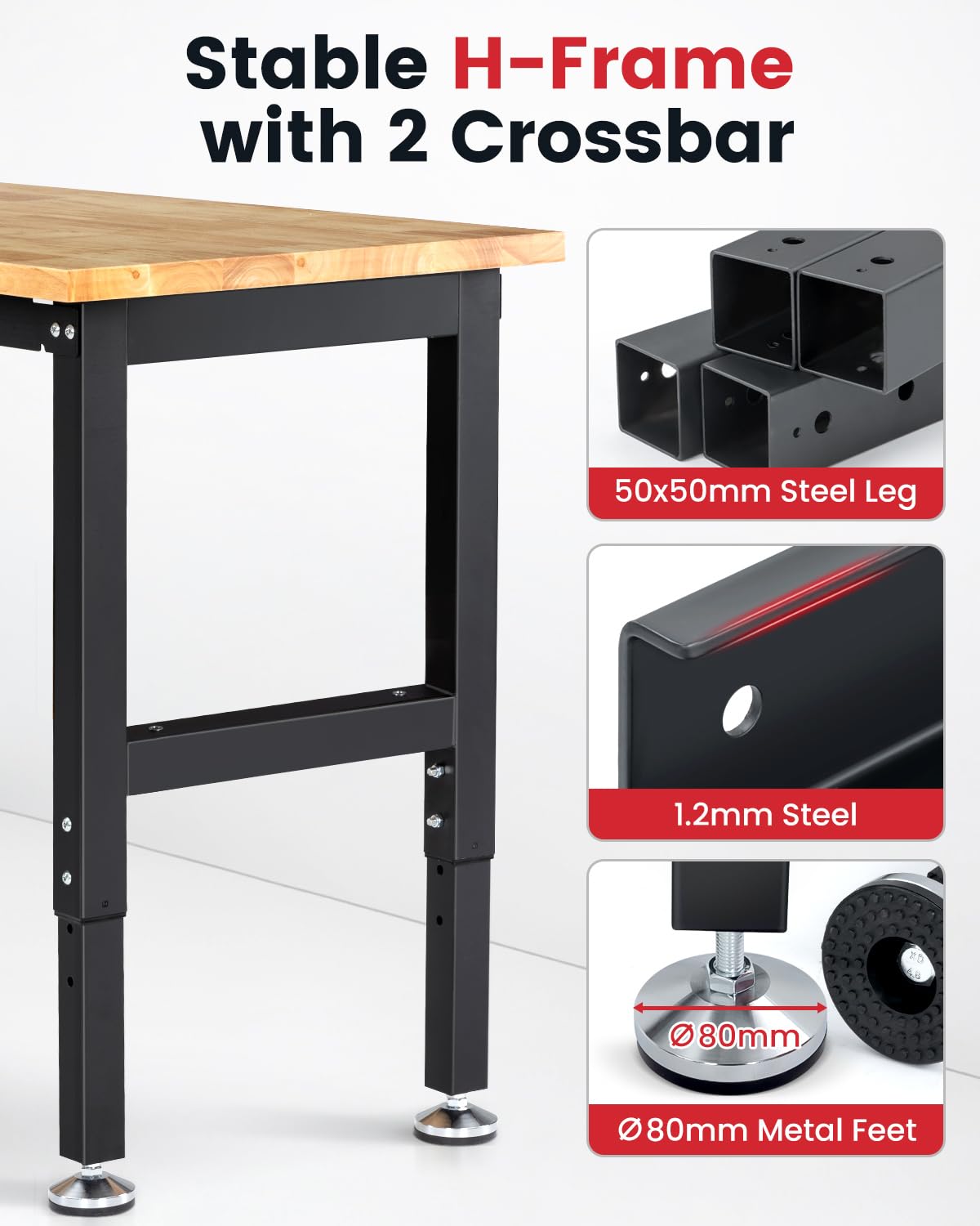 Workbench for Garage 48 Inch Work Bench Table Adjustable Height Rubberwood Tabletop Work Table with Power Outlets for Woodworking Shop Home Office Electronic Cutting Wood ENJOYWOOD