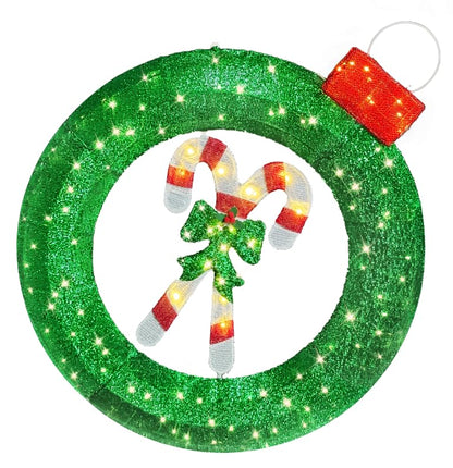 Zcdl Lamp 36 inch Outdoor Christmas Wreath with Lights, 8 Modes Lighted Wreath for Front Door, 120 LED Prelit Metal Wreath with Candy Cane, Lit Wreath for Yard Garden Outdoor Christmas Decor, Plug in