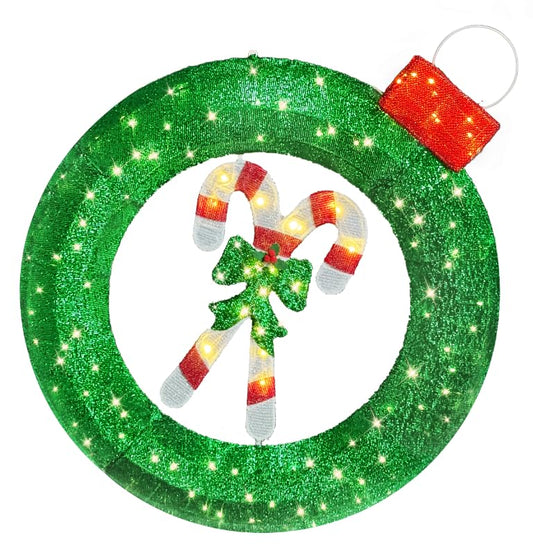 Zcdl Lamp 36 inch Outdoor Christmas Wreath with Lights, 8 Modes Lighted Wreath for Front Door, 120 LED Prelit Metal Wreath with Candy Cane, Lit Wreath for Yard Garden Outdoor Christmas Decor, Plug in