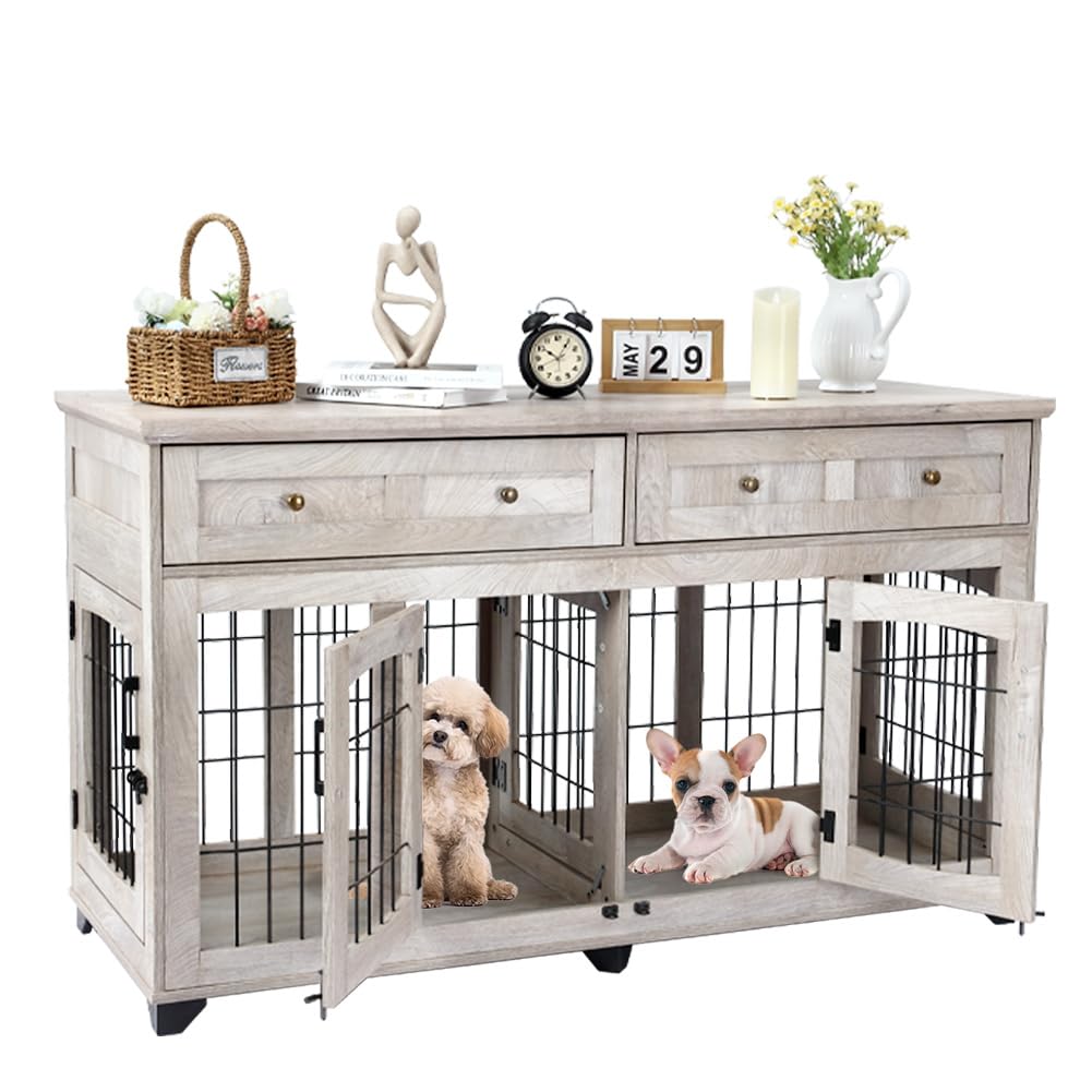 Dog Crate Furniture with 5 Doors,58" Wooden Dog Kennel End Table with Large Capacity Drawers,Dog House with Openable Divider for Small/Medium/Large Dog,Dog Cage,Side End Table,Rustic Grey - WoodArtSupply