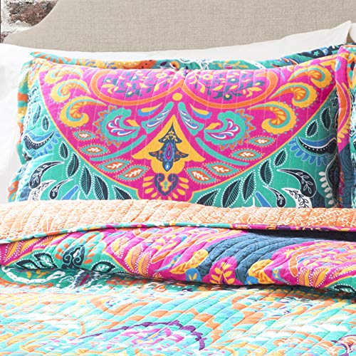 Lush Decor Boho Chic Reversible Cotton Quilt 3-Piece Set, King, Turquoise & Navy - Bright Paisley Print, Vibrant & Colorful Bohemian Bedding Set Lush Decor