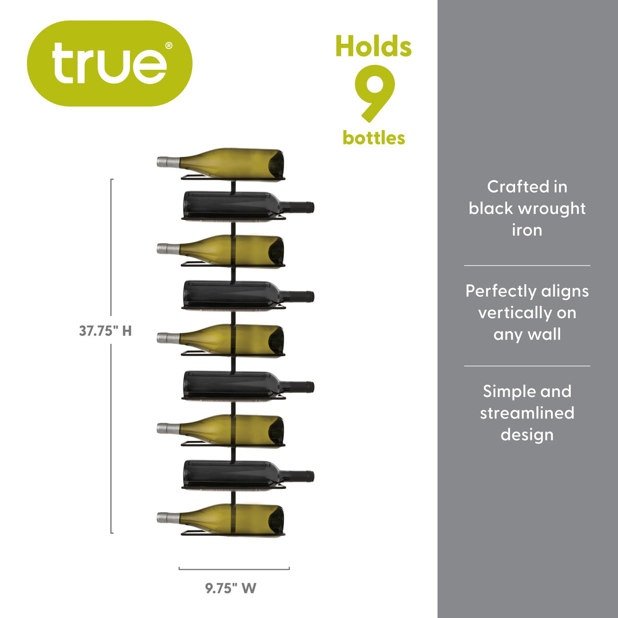True Align Wall-Mounted Wine Rack, Black Wrought Iron, Minimalist Modern Wine Display, Alcohol Storage Solution, Holds Nine Standard Wine Bottles, 37.75" x 9.75" TRUE