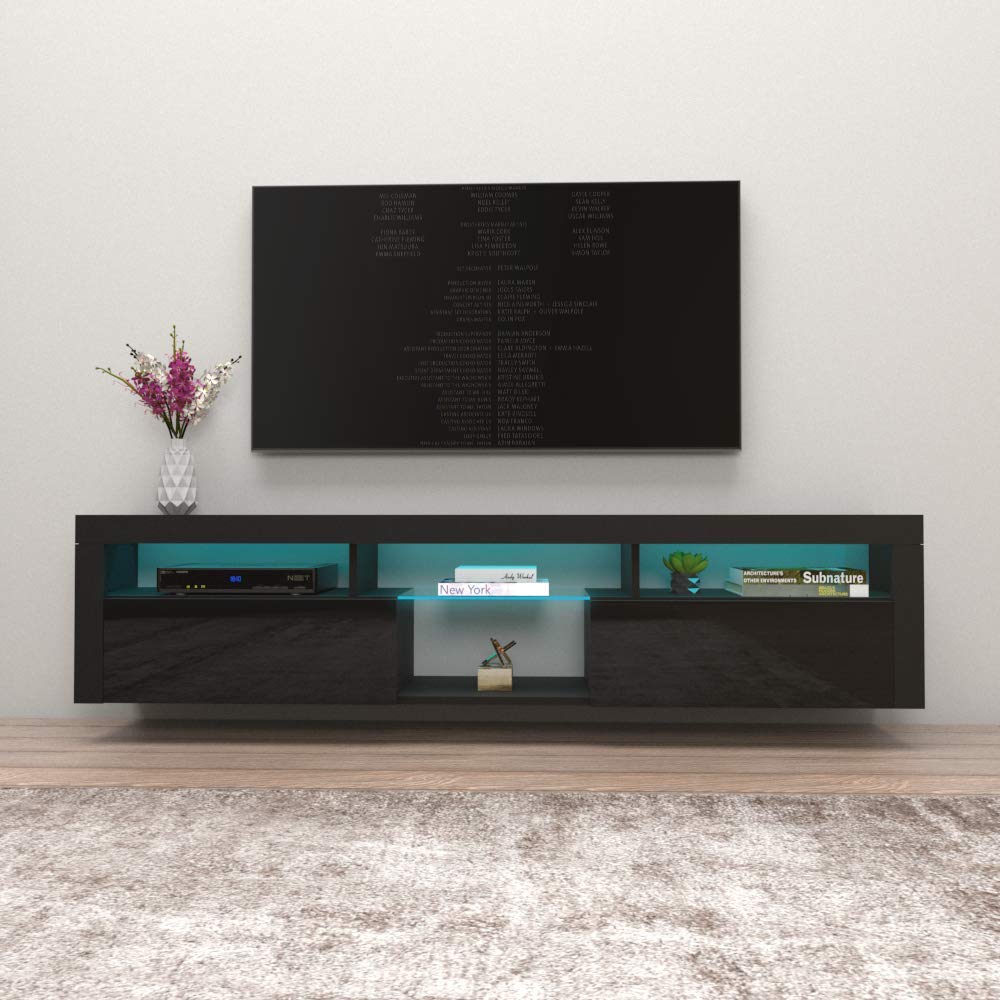 Meble Furniture Bari 200 TV Stand - Wall-Mounted Entertainment Center Console for Bedroom & Living Room TV Stand Upto 90" - Modern TV Floating Entertainment Center with Storage & LED Lights - Black MEBLE FURNITURE & RUGS