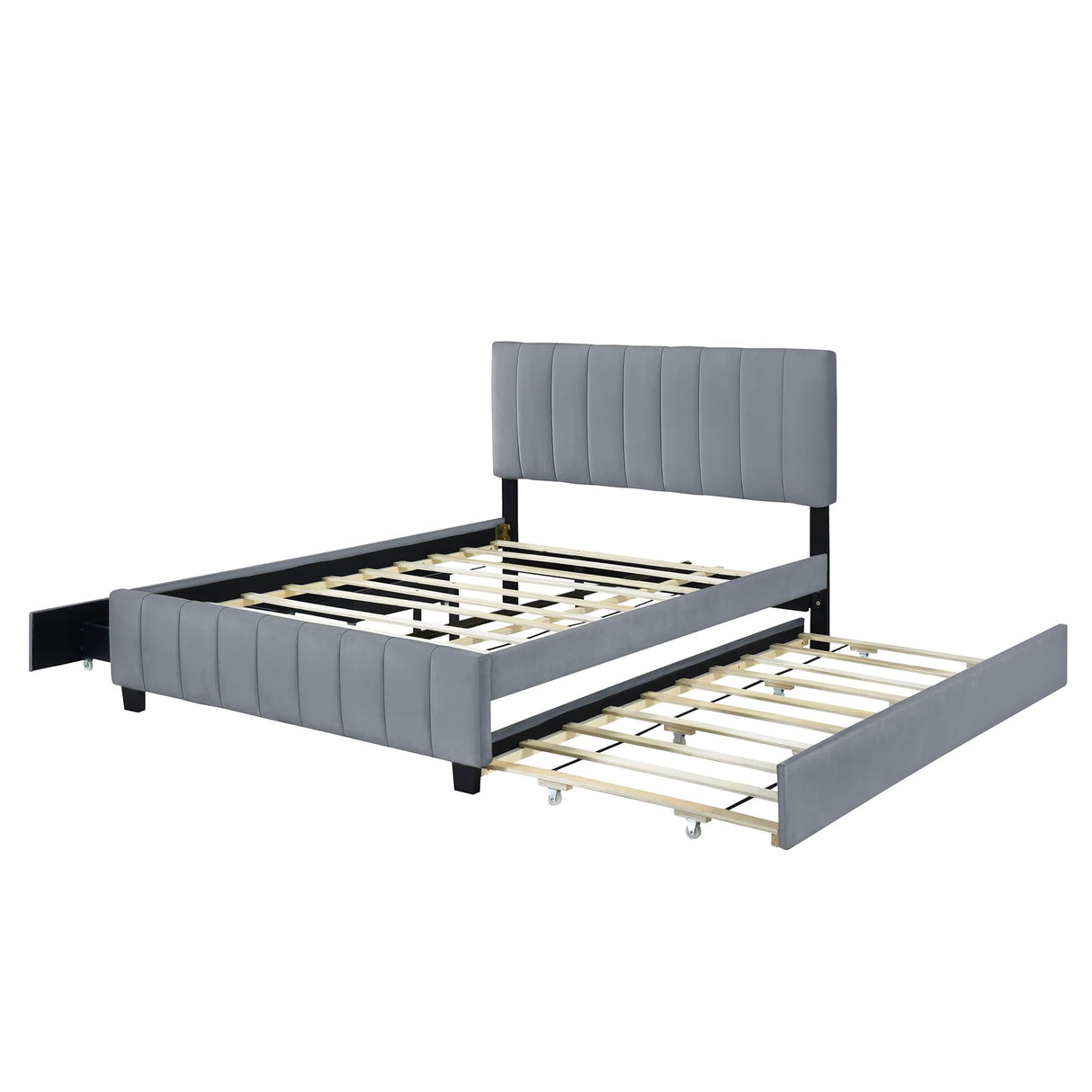 Merax Queen Size Upholstered Platform Bed with 2 Drawers and 1 Twin XL Trundle, Grey Wooden Bed Frame, No Box Spring Need Merax