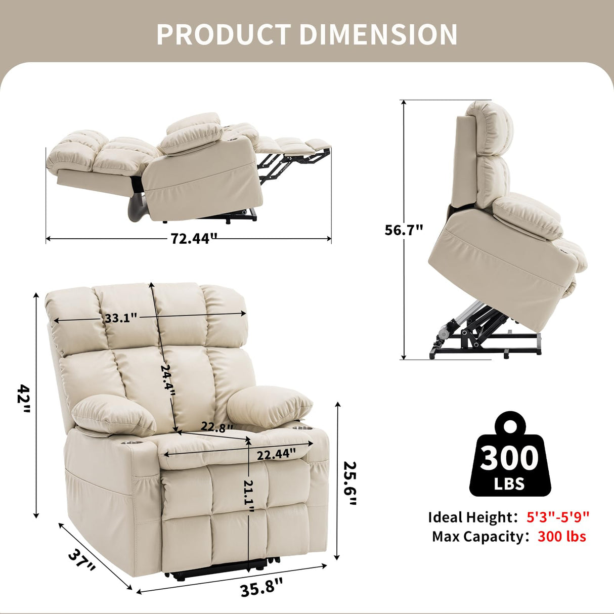 Zuacs Dual Motor Power Lift Recliner Chair for Elderly,Infinite Position, Lay Flat Recliner with Massage and Heat, Adjustable Headrest, USB&Type-C,Cup Holders,Faux Leather Beige,Medium Zuacs