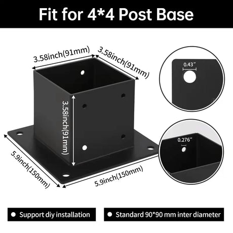 Grehitk 4×4 Post Base 4 Pcs,Deck Post Brackets,Inner Size 3.5"x3.5" Thick Steel Fence Post Anchor Base,Black Powder Coated Heavy Fence Post,for Supports Porch Railing Post Holders Pergola Brackets Grehitk