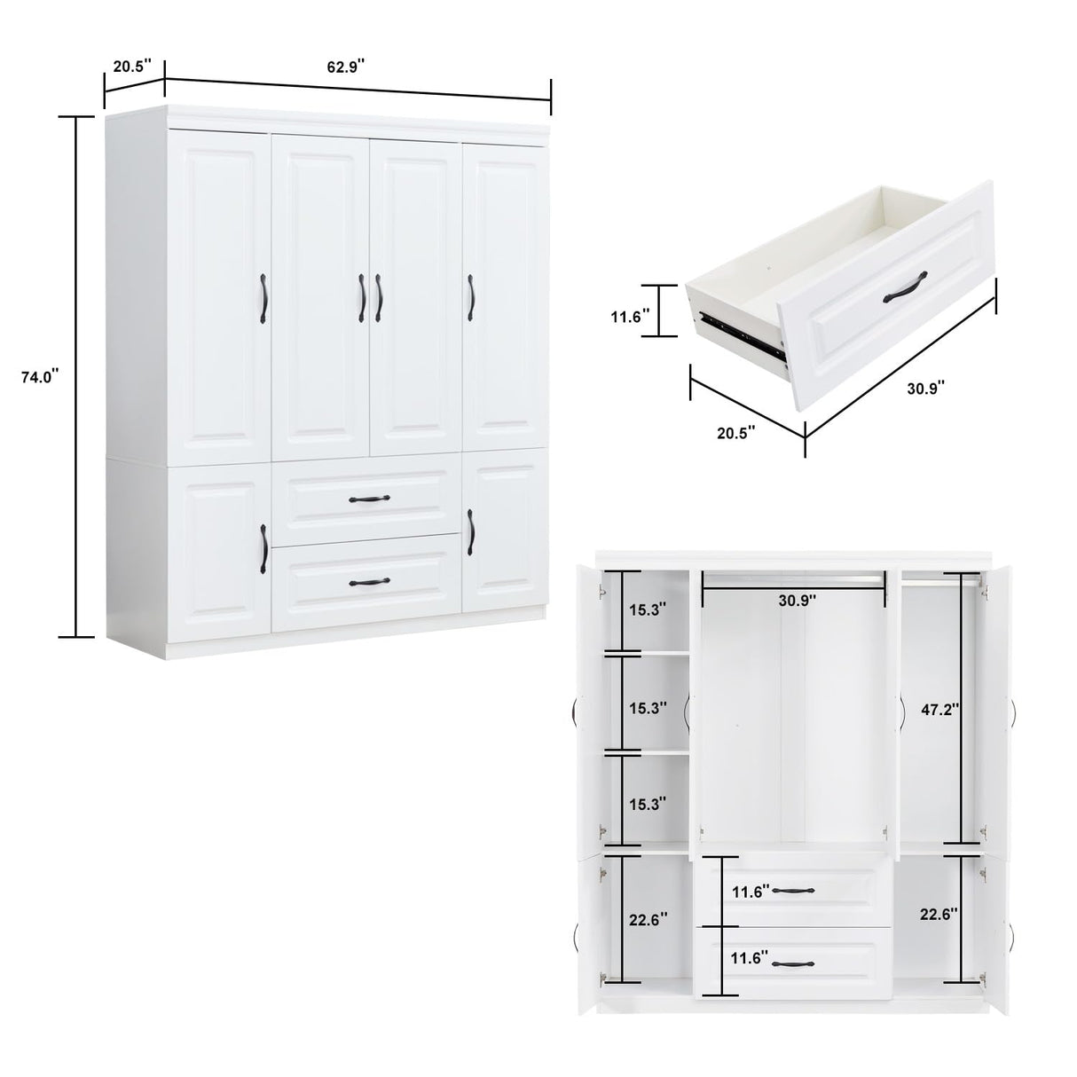 ClassyCabin 4 Door Armoire Wardrobe Closet, Wood 2 Drawers Armoire Storage Cabinet for Large Capacity, White Bedroom Armoires for Clothes with Hanging Rod and 5 Storage ClassyCabin