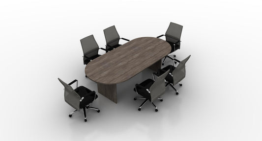 8ft Racetrack Shaped Artisan Gray Conference Table with 6 Mesh Back Black Chairs