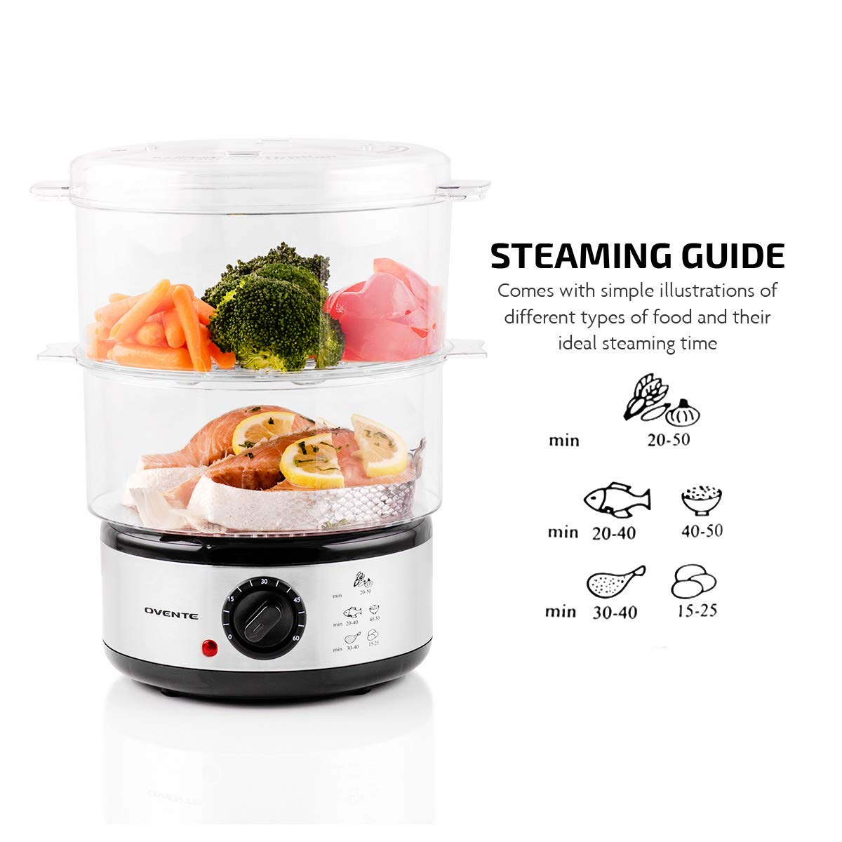 OVENTE 2 Tier Electric Food Steamer for Cooking Vegetables, Stainless Steel Base, Stackable and Dishwasher Safe Baskets, 400W with Auto Shutoff and 60-Minute Timer, 5 Quart Capacity, Silver FS62S OVENTE