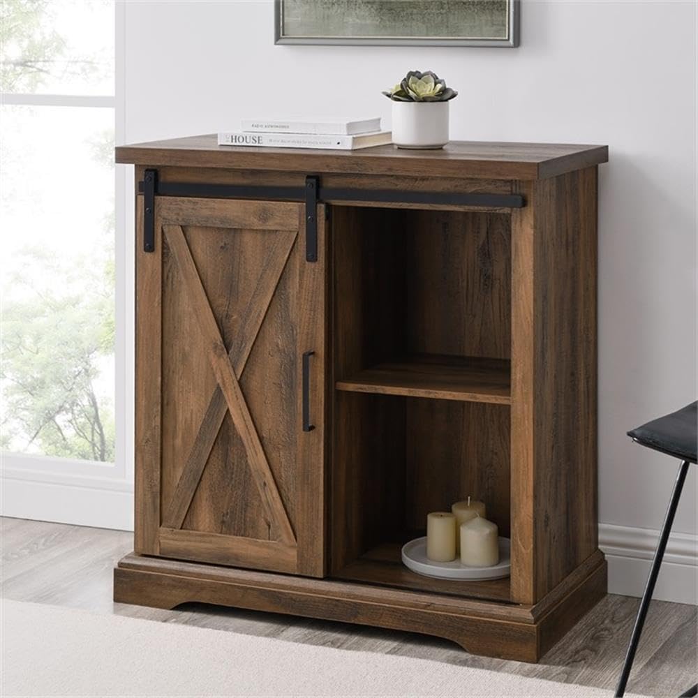 Walker Edison Abbey Modern Farmhouse Sliding X Barn Door Accent Console, 32 Inch, Rustic Oak