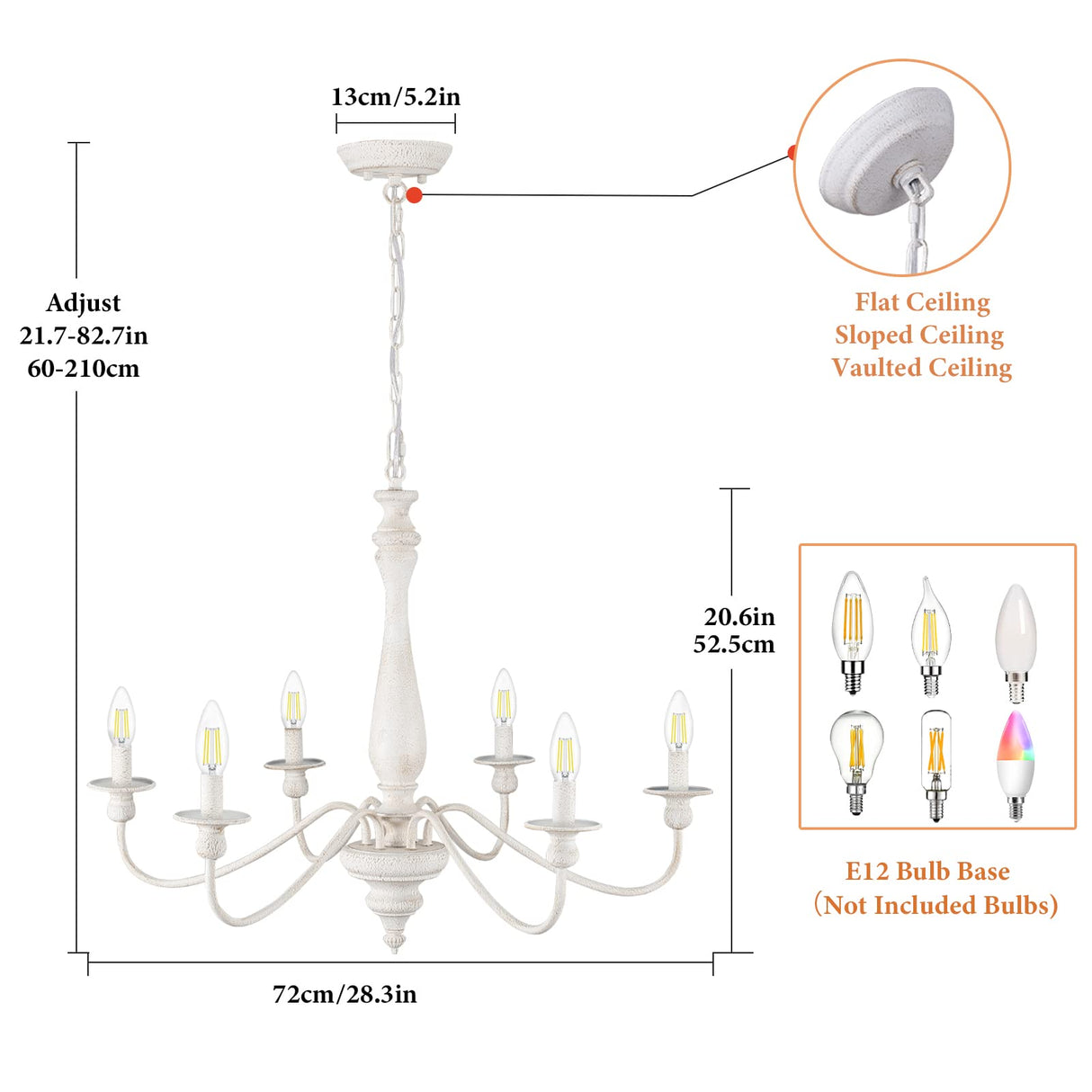 YCZHCC White Farmhouse Chandelier, 6 Lights French Country Chandeliers for Dining Room lighting fixtures, Rustic Wood Hanging Candle Pendant Light for Kitchen Island Entryway Foyer Living Room Bedroom YCZHCC