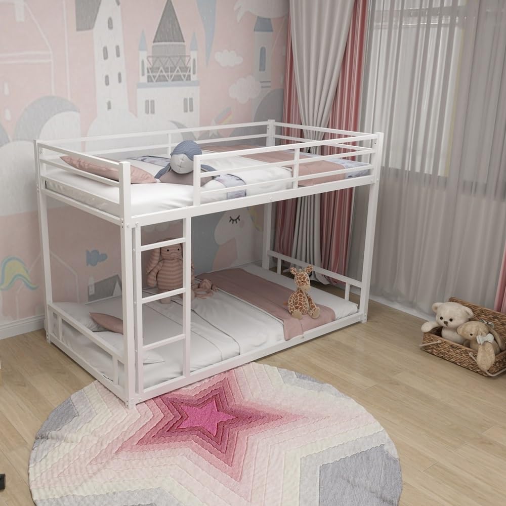 QSOSTNS Twin Over Twin Bunk Bed, Metal Low Profile Bunkbed with Side Ladder, Heavy-Duty Sturdy Metal, Noise Reduced, Safety Guardrail, No Box Spring Needed (White) QSOSTNS