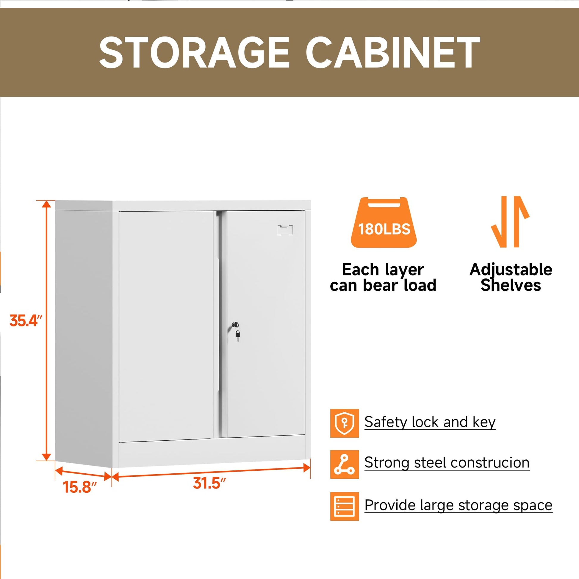 Coolsun Metal Storage Cabinet, Garage Storage Cabinet with Doors and 2 Adjustable Shelves, 36" White File Cabinet, Locking Cabinet for Home,Garage,Office,School (White, 36 inch) - WoodArtSupply