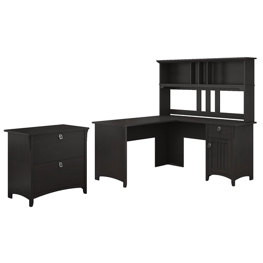 Bush Furniture Salinas 60W L Shaped Desk with Hutch and Lateral File Cabinet in Vintage Black - WoodArtSupply