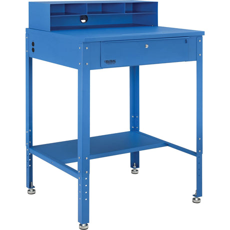 Global Industrial Flat Top Shop Desk w Pigeonhole Compartments, 34-1/2"W x 30" D x 38 to 42-1/2"H, Blue Global Industrial