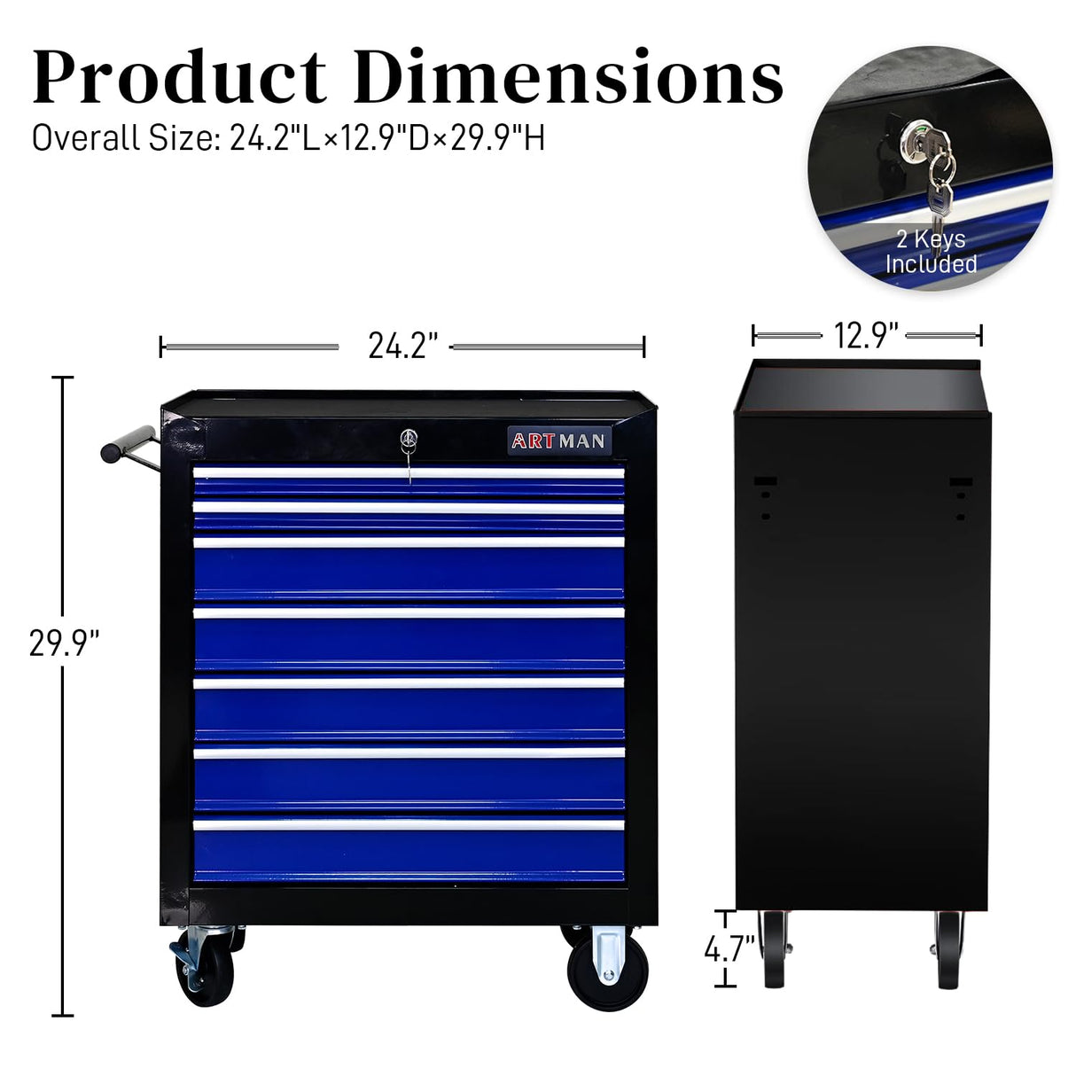 WTRAVEL Rolling Tool Chest with 7-Drawer Tool Box with Wheels Multifunctional Tool Cart Mechanic Tool Storage Cabinet for Garage, Warehouse, Workshop, Repair Shop (Black & Blue) WTRAVEL