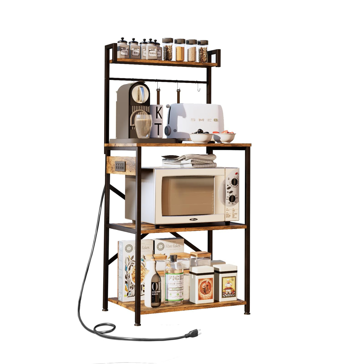 OIRBOEUS Rustic Brown Bakers Rack with Power Outlet and 5-Tier Storage for Kitchen and Coffee Bar OIRBOEUS