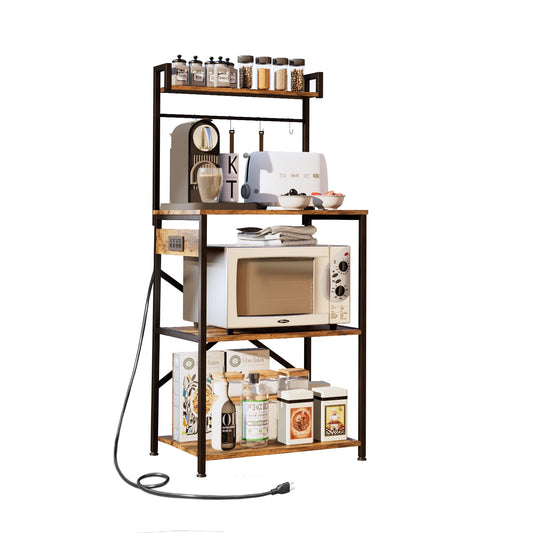 OIRBOEUS Bakers Rack with Power Outlet，Microwave Stand with Storage 5-Tiers,Coffee Bar Station,Microwave Rack，Kitchen Storage Shelf Rack,Rustic Brown