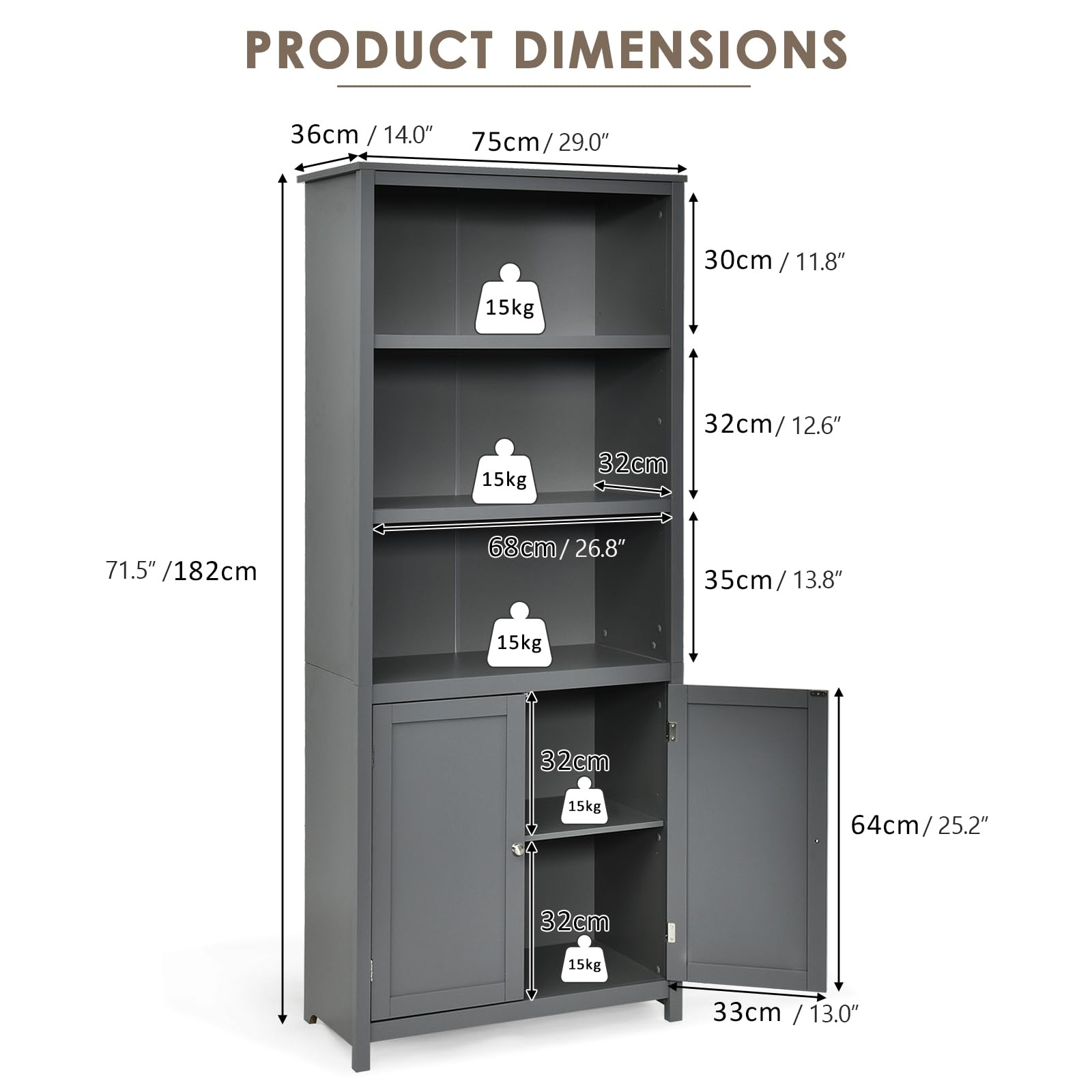 SILKYDRY 71.5" Grey Freestanding Bookshelf with Doors and Adjustable Shelves - WoodArtSupply