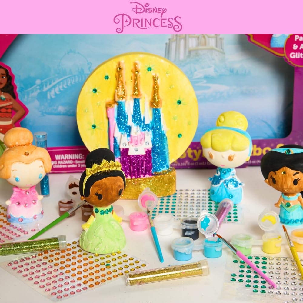 Disney Princess DIY Paint Your Own Figurines Arts and Crafts Set for Girls, Jumbo Figurines, Paint, Paint Brush, Glitter, and Gem Adhesives, Cinderella, Belle, Tiana, Jasmine, and Princess Castle Innovative Designs