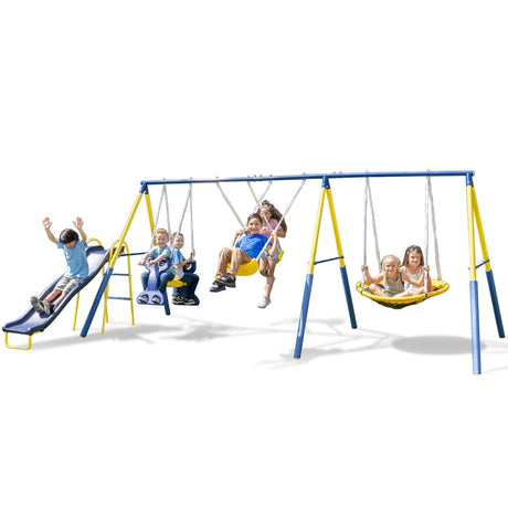 Sportspower Super Star Outdoor Kids Metal Swing Set: 2 Swings, 1 Flying Saucer, 1 Glider, 1 Wavy Slide - Exceeds ASTM Standards Sportspower