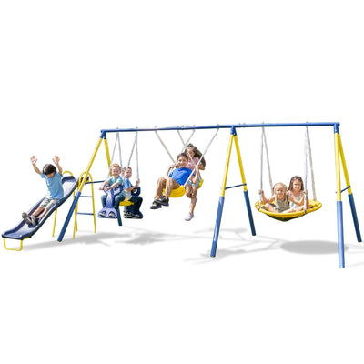 Sportspower Super Star Outdoor Kids Metal Swing Set: 2 Swings, 1 Flying Saucer, 1 Glider, 1 Wavy Slide - Exceeds ASTM Standards