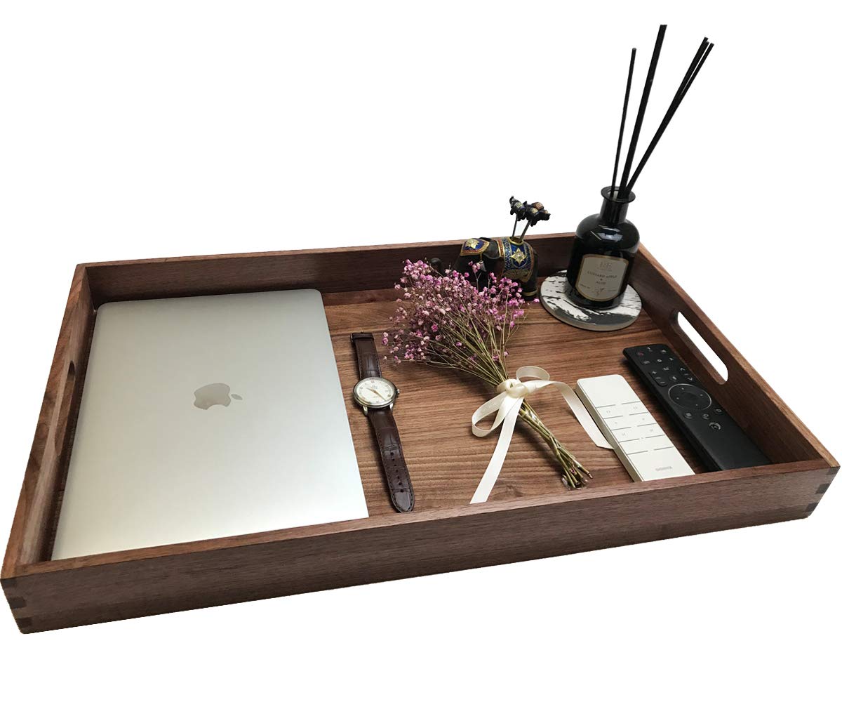 MAGIGO 22 x 14 Inches Large Rectangle Black Walnut Wood Ottoman Tray with Handles, Serve Tea, Coffee, Classic Wooden Decorative Serving Tray MAGIGO