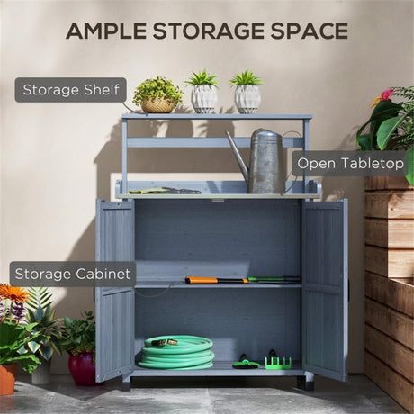 CIPACHO Outdoor Potting Bench with Storage Cabinet, Solid Fir Wood Potting Table with Storage Shelf & Galvanized Tabletop, Garden Table Work Bench Station Planting for Patio Backyard (Grey) CIPACHO