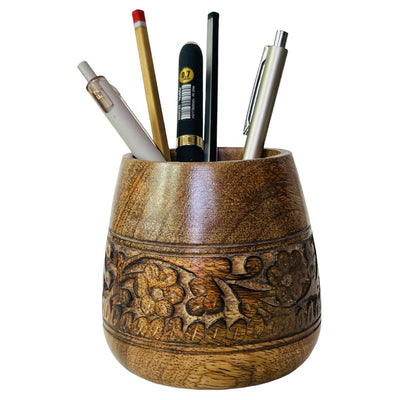 Mie Creations Designer Pencil Holder for Desk Wood | Wooden Pen Stand, Paintbrush Cup, Desk Accessories, Cute Make Up Brush Organizers | Office Desktop Stationery, Mothers Day Gift for Mom- 4'' Brown