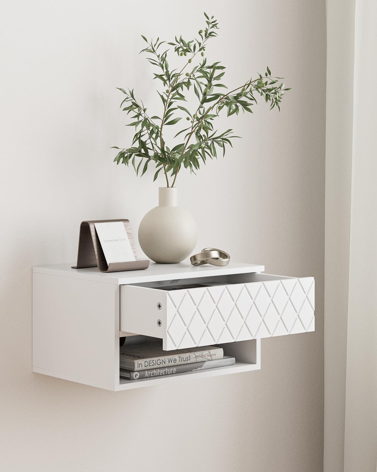 Aienvey Floating Nightstand, Small Modern Floating Nightstand with Drawer, Floating Shelves for Bedroom, Bathroom, White Diamond Aienvey