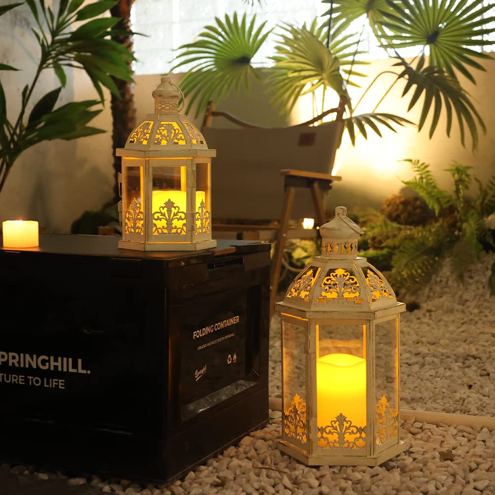 Lanterns Decorative Outdoor&Indoor, Set of 2 (15"&11") Beige Metal Lantern Decor with Glass, Candle Holder for Porch, Patio, Garden, Fall, Wedding, Christmas, Table Centerpiece NEEDOMO