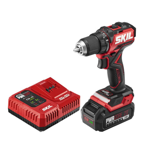 SKIL PWR CORE 20 Brushless 20V 1/2 In. Compact Varible-Speed Drill Driver Kit with 1/2'' Single-Sleeve, Keyless Ratcheting Chuck & LED Worklight Includes 2.0Ah Battery and PWR JUMP Charger-DL6293B-10 Skil